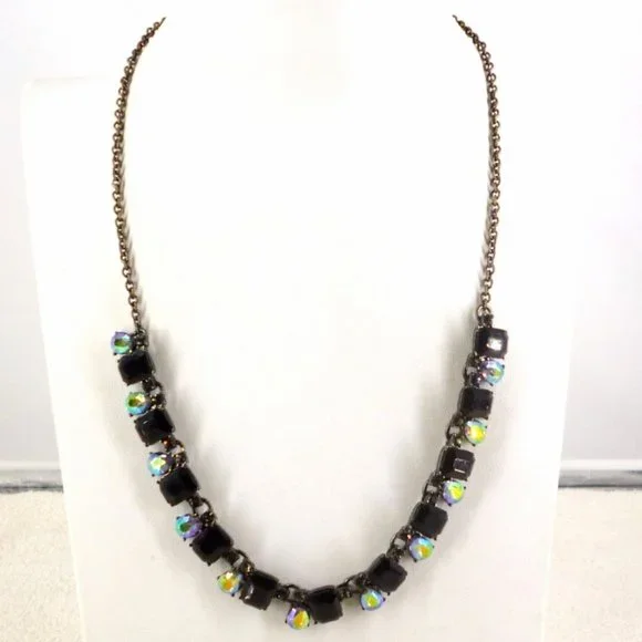 LOGO Necklace by Lori Goldstein Garnet Red, Aurora Borealis & Gunmetal 21" NWOT - Picture 2 of 5